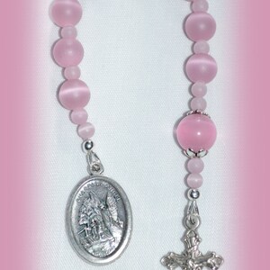 Personalized Women's Pocket Rosary, Pink Cats Eye Rosary, One Decade Rosary, Baptism Pocket Rosary, Godmother's Gift, Chaplet, Girls Rosary
