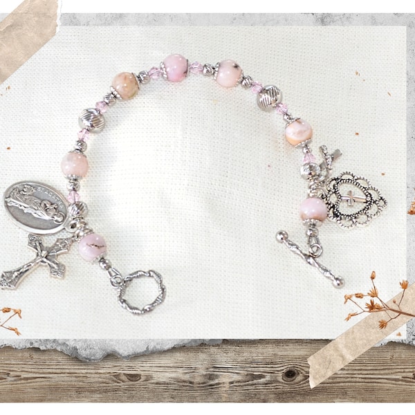 Saint Agatha Catholic Rosary Bracelet, Natural Opal, October Birthstone & Stainless Beads Gift for Cancer Patients, Nurses, Confirmation