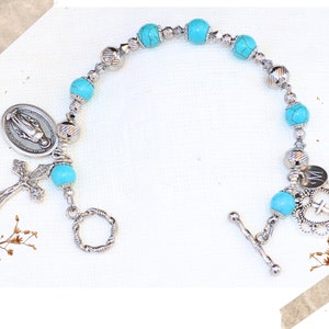 Miraculous Mary Rosary Bracelet in Semi-Precious Turquoise and Stainless Steel Beads, Catholic Gifts for Moms, Confirmation, or Customize