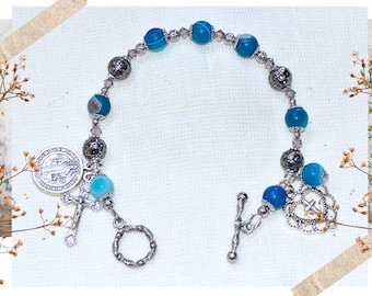 Personalized Saint Benedict Rosary Bracelet in Blue Striped Agate and Gunmetal beads for Catholic Mom, Gift for Confirmation or Customize