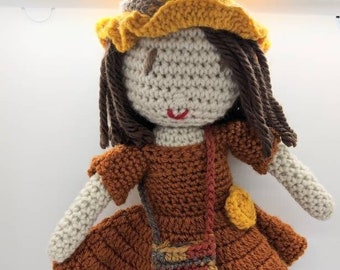 Crochet doll, autumn colors, doll handmade, rag doll, yarn doll, amigurumi doll, soft doll, brown hair, amber dress, Susie doll