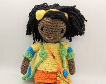 Brown skin crochet doll, yarn doll, black hair doll, soft doll, special doll, unique doll, ragdoll, is Caribbean inspired doll, Lizbeth doll