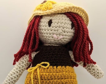 Sunflower inspired crochet doll, doll handmade, soft doll, yarn doll, amigurumi doll, autumn doll, red hair doll, gold dress, Golda doll