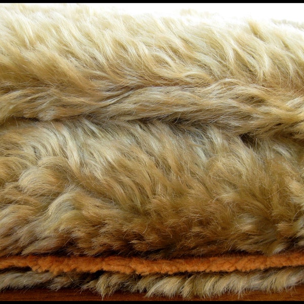 1/4 yard dense feathered Shulte Mohair fabric "Old Gold with dk beige backing/ for teddy bear making