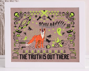 Fox Mulder and Dana Scully Parody X Files Cross Stitch Pattern, What Does the Fox Say? Scullay!