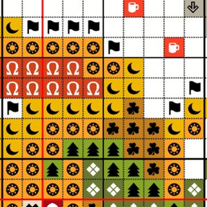 May include: A colorful cross-stitch pattern with a variety of symbols, including moons, stars, shamrocks, trees, and flags. The pattern is on a white background with black grid lines.