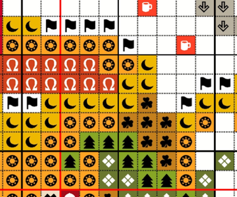 May include: A colorful cross-stitch pattern with a variety of symbols, including moons, stars, shamrocks, trees, and flags. The pattern is on a white background with black grid lines.