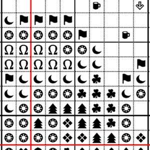 May include: Black and white cross stitch pattern chart with symbols for a variety of designs, including flags, moons, stars, trees, and shamrocks.