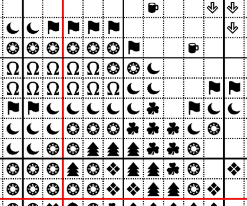 May include: Black and white cross stitch pattern chart with symbols for a variety of designs, including flags, moons, stars, trees, and shamrocks.