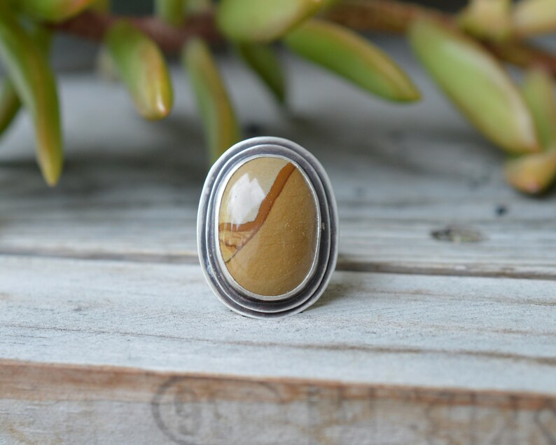 Hand Stamped Ring Band Conflict Free Gemstone Made in USA Owyhee Picture Jasper Ring Size 7.5 Unisex Rings. Layered Sterling Silver