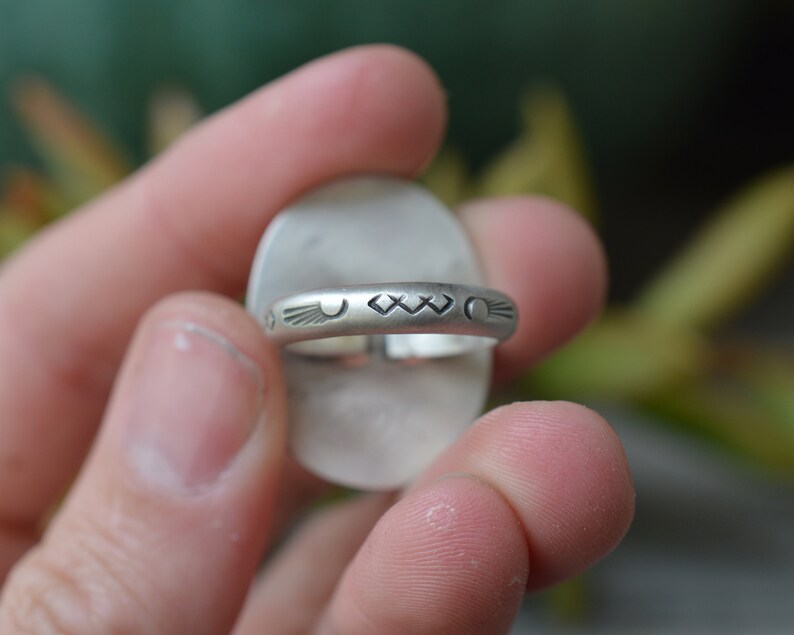 Hand Stamped Ring Band Conflict Free Gemstone Made in USA Owyhee Picture Jasper Ring Size 7.5 Unisex Rings. Layered Sterling Silver