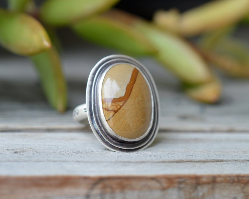 Hand Stamped Ring Band Conflict Free Gemstone Made in USA Owyhee Picture Jasper Ring Size 7.5 Unisex Rings. Layered Sterling Silver