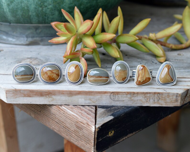 Hand Stamped Ring Band Conflict Free Gemstone Made in USA Owyhee Picture Jasper Ring Size 7.5 Unisex Rings. Layered Sterling Silver