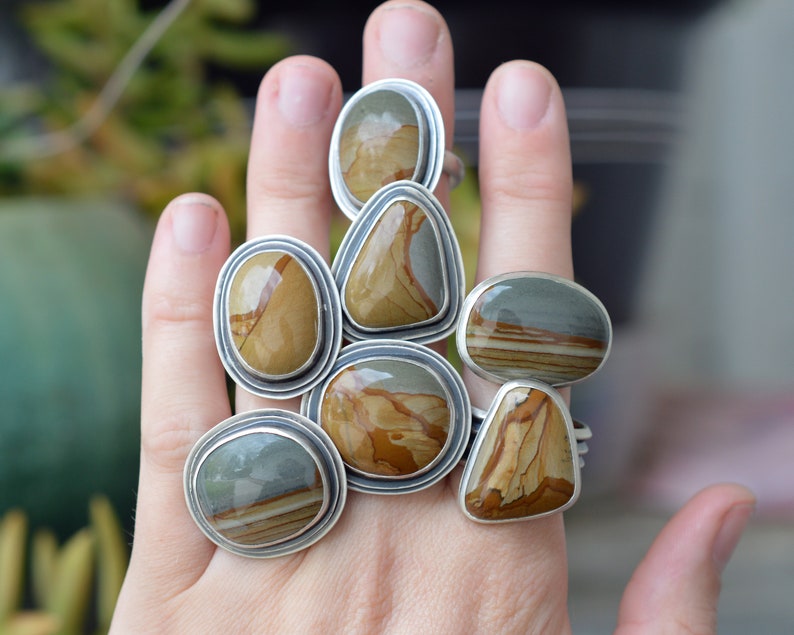 Hand Stamped Ring Band Conflict Free Gemstone Made in USA Owyhee Picture Jasper Ring Size 7.5 Unisex Rings. Layered Sterling Silver