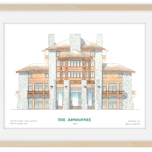 The Ahwahnee Hotel, wall art, south Solarium elevation painting, Hand-drafted architecture watercolor print