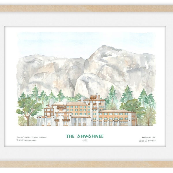 The Ahwahnee Hotel, wall art, mountain landscape elevation painting, Hand-drafted architecture watercolor print