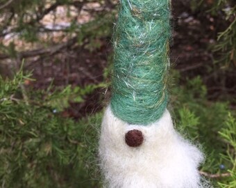 Needle Felted Gnome Ornament-- Green with Sparkle, Christmas Ornament
