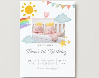 編集可能な双子の誕生日招待状 - 楽しさ2倍 - 1歳の誕生日テンプレート - すぐにダウンロード