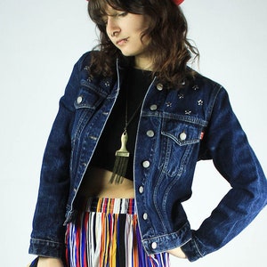 SML RENEWED VINTAGE Denim Vest All Eyes On Me Green Dyed Acid Washed Gold Fringe Oversize Grunge Punk Alternative Unique
