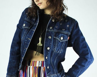 UPCYCLED Vintage Jeansjacke S, Dunkelblaue HIS Denim Jacke Sternförmige Nieten, Unikat Upcycling Mode