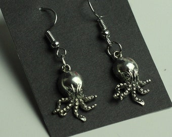 Silver Octopus Earrings, Cute Kraken Jewelry, Unique Gift, Earring Squid Pendant, Underwater Love