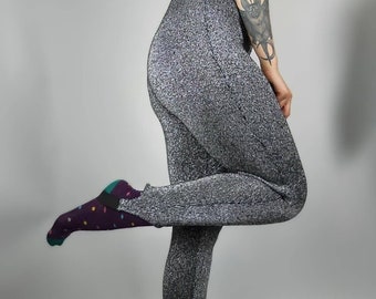 Vintage Glitter Leggings Silver Black S/M, Metallic Trousers, Glam Rock Party Outfit, 80s 90s Stirrup Pants, Foot Rubber Band Loop
