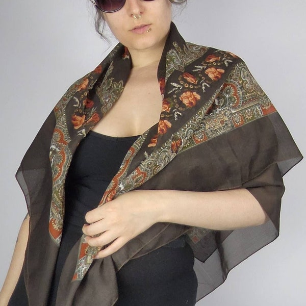 Vintage Paisley Print Scarf, Big Shawl 112cm x 108cm, Brown Orange Cloth