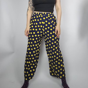 Vintage Polkadot Culottes S, Navy Blue Yellow Graphic Print Trousers, Summer Midi Pants Big Dots, Highwaisted Wide Leg Pants, Comfy Waist