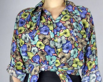 Vintage Floral Blouse L, Colorful Shirt Flowers With Necktie Bow