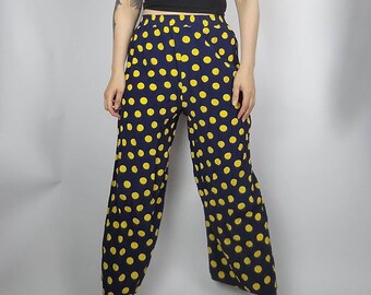 Vintage Polkadot Culottes S, Navy Blue Yellow Graphic Print Trousers,  Summer Midi Pants Big Dots, Highwaisted Wide Leg Pants, Comfy Waist
