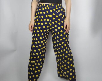 Vintage Weite Hose Pünktchen Größe S, Gemusterte Culottes Marineblau Gelb, Punkte Muster Hose, Sommer Midi Hose Dots, Bequemer Stretch Bund