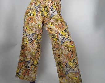 Vintage Culottes Abstrakter Print M, Weite Hosen Crazy Pattern, Sommer Hosenrock, Leichter Kühler Stoff