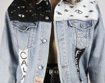 RENEWED VINTAGE Handpainted Denim Jacket Fear Calm, Jacket With Eyes Black White, Unique Upcycling Fashion