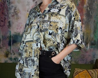 Vintage Print Button Down Shirt XXL, 90s 00s Shortsleeved Patterned Blouse Genderneutral, Oversized Pattern Mix Shirt, Spring Summer T-Shirt
