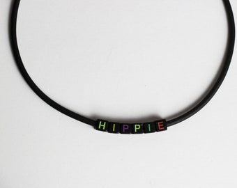Handmade HIPPIE Choker Letter Beads, Black Colorful Necklace, Unique Gift, Statement Jewelry