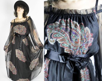 Vintage Black Maxi Dress PAISLEY Print Size S, 70s Floral Pattern Chiffon Dress, Satin Ribbon, Transparent Sheer Colorful Print Dress