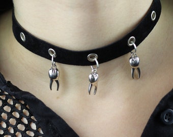 Black Velvet Choker Silver Teeth, Handmade Jewelry, Silver Eyelets Necklace, Unique Gift, Adjustable Choker