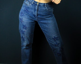 Vintage Highwaist Blumen Stickerei Jeans, Florale Hosen Embroidery Patches, Glitzer Strass, 90er Mode