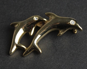 Vintage Aconda Golden Dolphin Pin Strass, Brooch Ocean Sea Animals, Signed Jewelry Gift, 80s 90s Pin, Hippie Boho