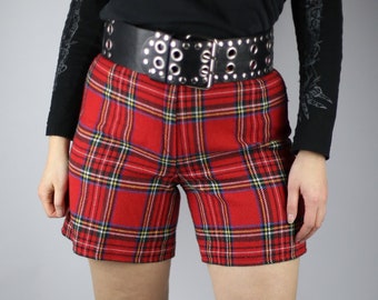 Vintage Red Tartan Shorts Size S/M, Plaid Short Wool Pants, Highwaisted Checked Trousers