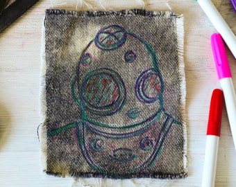 Upcycled Denim Patch Antique Diving Helmet, Handpainted Patch Nautical Deepsea Steampunk, Bleached Frayed Black Patch, Handmade DIY Gift