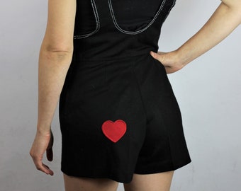 Vintage Black Dungarees XS, Short Overalls Red Heart Application On Butt, 70s Dungarees White Seams