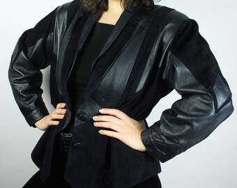 Vintage Darkblue Patchwork Leatherjacket, Dark 80s 90s Mix Suede Leather Jacket, Geometric Design Navyblue