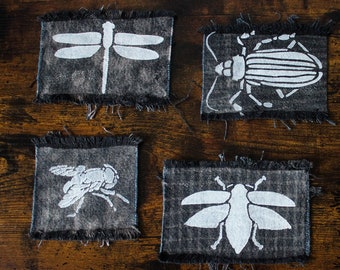 Recycled Denim Patches, Handpainted Insects, Bleached Fringe Levis Scraps, Handmade DIY Upcycling