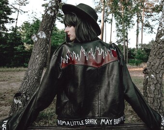 RENEWED VINTAGE Leatherjacket Flames Handpainted Black Red, Dante Quote Jacket, Unique Upcycling Fashion