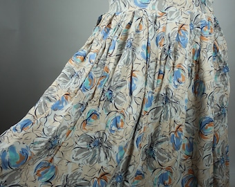 Vintage Peachy Blue Floral Skirt S, Abstract Flower Midiskirt, Long Pleated Skirt