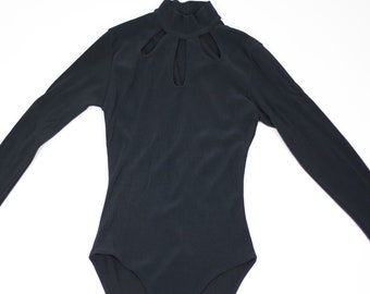 Vintage Black Bodysuit With Cut Outs, Black Long Sleeve Body Stand Up Collar, Super Stretch One Piece, Longsleeved Body