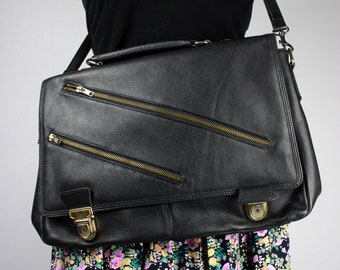 Vintage Black Leatherbag Zippers, 80s Picard Bag Office University School