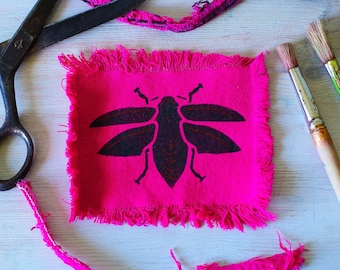 Upcycled Pink Denim Patch Bug, Handpainted Jeans Patch, Dyed Frayed Pink Patch, Vintage Denim Scraps, Handmade Unique Gift