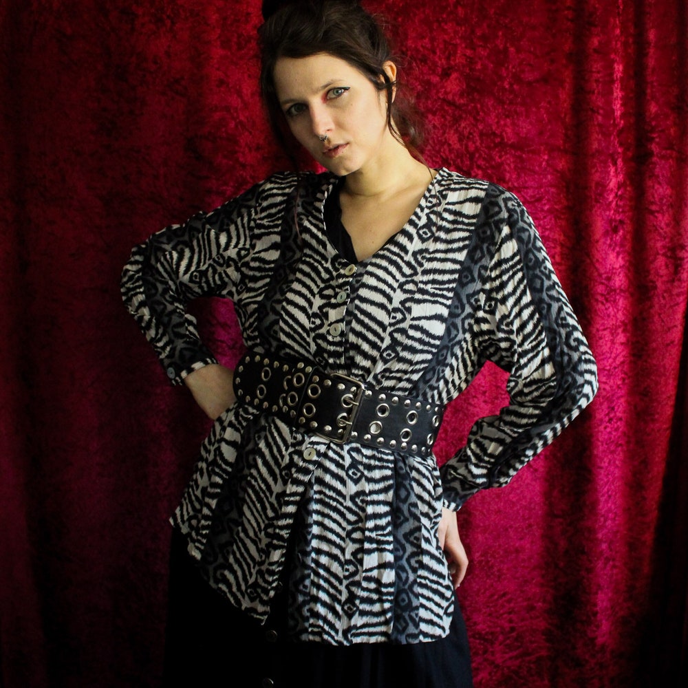 Vintage Animal Print Blouse M, Long Shirt Pattern Mix, 80S 90S Tiger Leo Zebra Patterned Button Down Shirt Long Sleeves